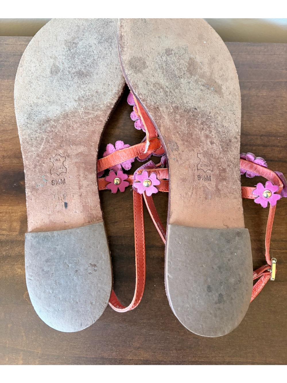 Tory Burch Coral Red Leather Ankle Strap Sandals w/ Floral/Heart Detail -Sz 9.5 - Picture 6 of 6